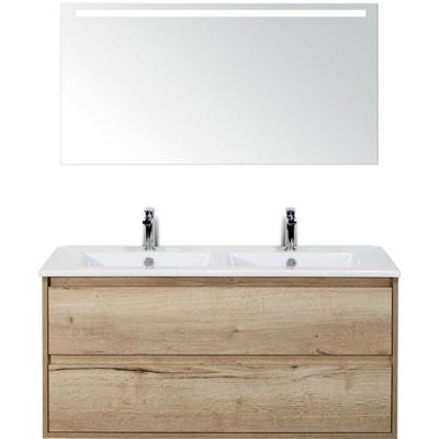 Porto Badmeubelset 120 cm - 2 Laden Natuur Eiken - Keramische Wastafel Wit Slim met Sence Spiegel