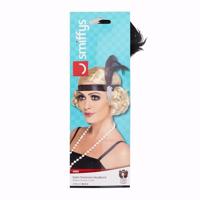 Charleston hoofdband zwart met veer en juwelen detail - thumbnail