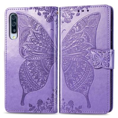Butterfly Love bloemen reliëf horizontale Flip lederen case voor Galaxy A70 met houder & kaartsleuven & portemonnee & Lanyard (licht paars)