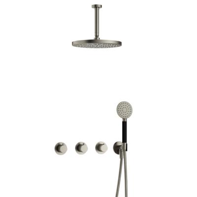 Hotbath Cobber - CB7067 - Inbouw Regendoucheset - Geborsteld Nikkel - 2 Stopkranen - Thermostatisch - Plafondbuis 15 cm - Hoofddouche 300 mm - Ronde Handdouche 3 Standen - met M106 - Waterbesparend - V01