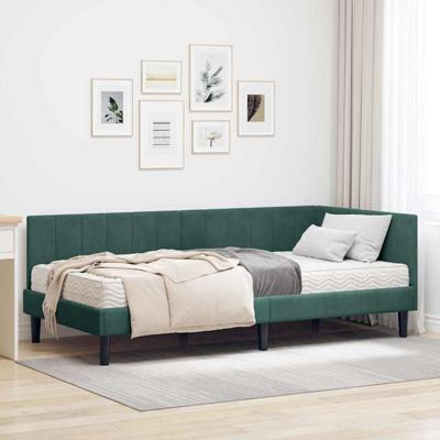 Hoekbedframe met matras Donkergroen 90 x 190 cm Fluweel