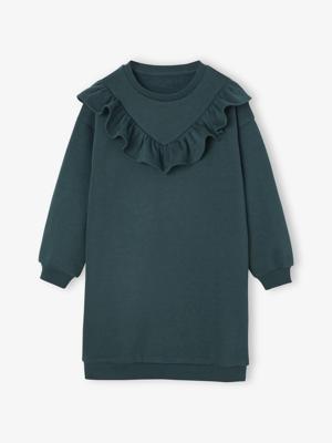 Jurk van sweaterstof met ruches voor meisjes smaragdgroen