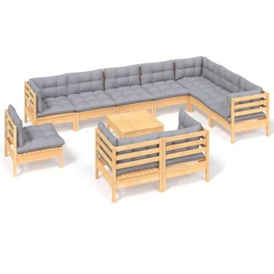 11-delige Loungeset met grijze kussens massief grenenhout
