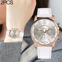 2 stuks drie-oog zes-naald imitatie riem quartz horloge voor vrouwen/mannen (wit) - thumbnail