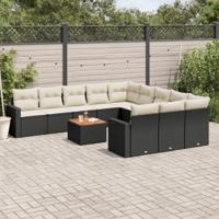 12-delige Loungeset met kussens poly rattan zwart - thumbnail