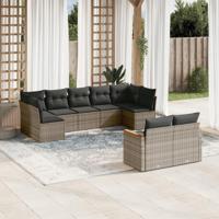 9-delige Loungeset met kussens poly rattan grijs - thumbnail