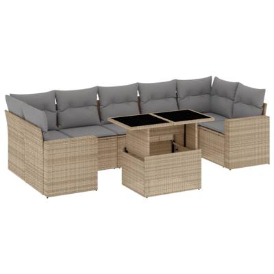 8-delige Loungeset met kussens poly rattan beige