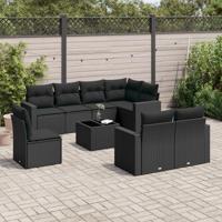 9-delige Loungeset met kussens poly rattan zwart - thumbnail