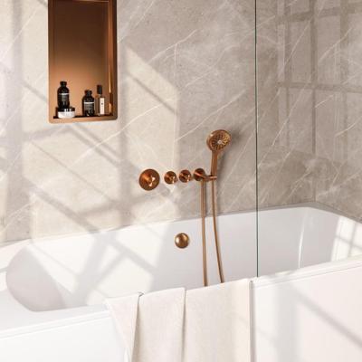 Brauer Stripe thermostatische inbouw badkraan SET 02 met badvulcombinatie en 3-standen handdouche en doucheslang en wandaansluitbocht koper geborsteld PVD