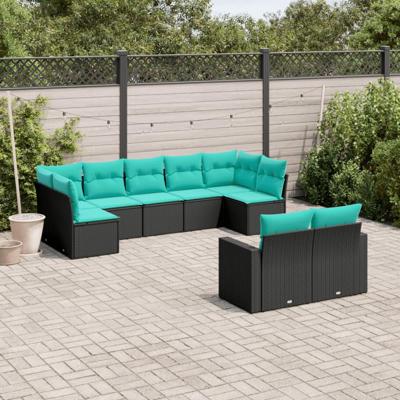 9-delige Loungeset met kussens poly rattan zwart