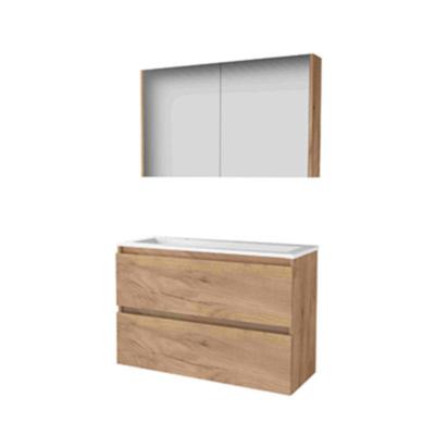 Basic-Line Comfort 39 Badkamermeubelset - Ondiep - 100 x 39 cm - Greeploos - 2 Lades - Acryl Wastafel - 2 Kraangaten - Spiegelkast - Whisky Oak