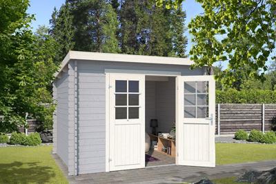 Outdoor Life Nadia Blokhut 295x250 cm 28 mm vuren Platinum Grey-Wit gecoat- Lessenaarsdak- - Outdoor Life