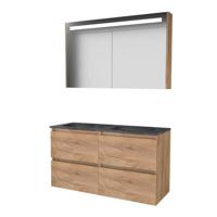 Basic-Line Premium 46 Badkamermeubelset - 120 x 46 cm - Greeploos - 4 Lades - Hardstenen Wastafel - 2 Kraangaten - Spiegelkast met LED Verlichting - Whisky Oak - thumbnail