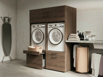 Kast WASHING 2 machines naast elkaar walnoot met 2 opzetkasten