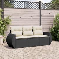 3-delige Loungeset met kussens poly rattan zwart - thumbnail