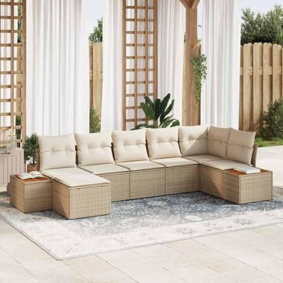 7-delige Tuinbankenset met kussens poly rattan acacia beige
