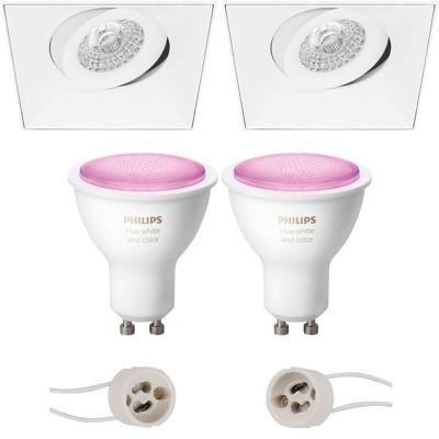 GU10 Inbouwspot Set - Mat Wit - Inbouw Vierkant - Trimless - Kantelbaar - Philips Hue - White and Color Ambiance - Bluetooth - Pragmi Nivas Pro - 150mm