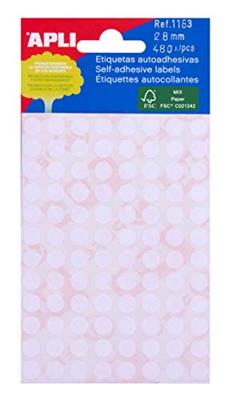 Apli ronde etiketten in etui diameter 8 mm, wit, 480 stuks, 96 per blad (1183)