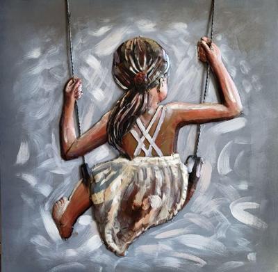 Schilderij - Metaalschilderij - Meisje op Schommel, 80x80cm, 3D schilderij