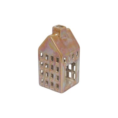 Theelicht huis M geel/oranje 7,8x16cm