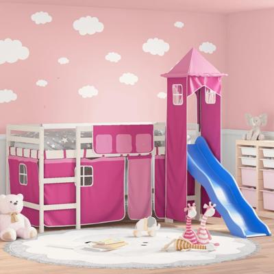 Kinderhoogslaper met toren 80x200 cm massief grenenhout roze