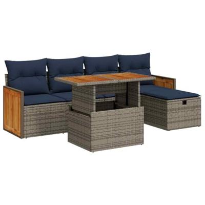 6-delige Loungeset met kussens poly rattan acacia grijs