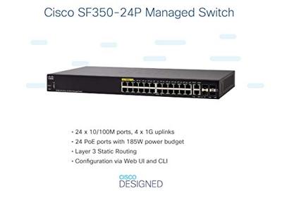 Cisco SF350-24P Managed Switch met 24 10/100 PoE-poorten plus 185 W, 4 Gigabit Ethernet Combo SFP (GbE), beperkte levenslange bescherming (SF350-24-EU), zwart