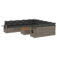 12-delige Loungeset met kussens poly rattan grijs - thumbnail