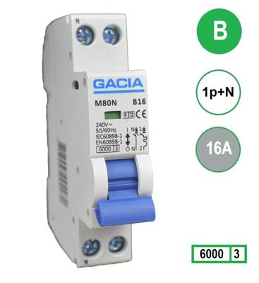 16A b automaat installatieautomaat M80N-B16 1 polig + N 6kA (18mm) GACIA