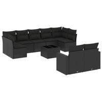 10-delige Loungeset met kussens poly rattan zwart - thumbnail