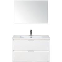 Porto Badmeubelset 90 cm - Wit Hoogglans - Keramische Wastafel Wit Slim met Spiegel - thumbnail