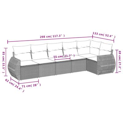 6-delige Loungeset met kussens poly rattan bruin