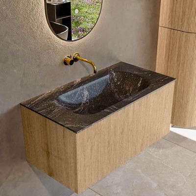 Mondiaz KURVE-DLUX 90 cm Onderkast Greeploos 1 Lade Zonder Deuren Oak, Wastafel Solid Surface Midden Lava 0 Kraangaten Zonder Spiegel (KRVBGS901L0D0KM-Oak/Lav)