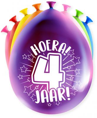 Party Ballonnen Hoera 4 Jaar - 8 Stuks