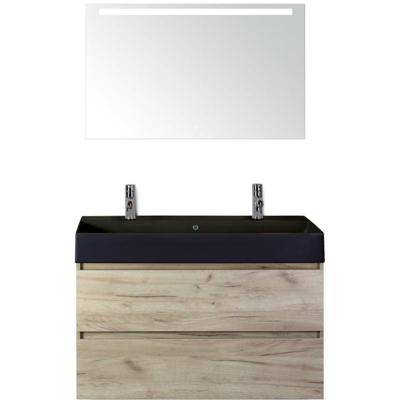 Maxx XL Badmeubelset 100 cm - Craft Oak - Wastafel Kube Zwart 2 Kraangaten met LED Spiegel