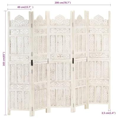 Kamerscherm met 5 panelen handgesneden 200x165 cm mangohout wit Kamerscherm met 5 panelen handgesneden 200x165 cm mangohout wit