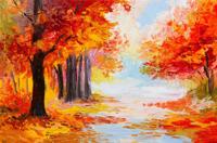 Schilderij - Geschilderde Herfstbos, Prachtige kleuren, Premium Print op canvas, Wanddecoratie - thumbnail