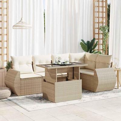 6-delige Loungeset met kussens poly rattan beige