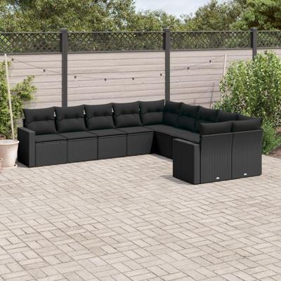 10-delige Loungeset met kussens poly rattan zwart