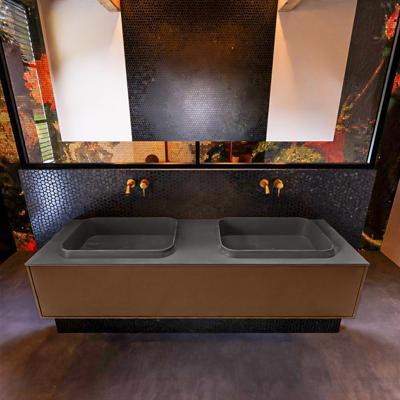 Badkamermeubelset Mondiaz Erin 150 cm met 1 Lade met RIDGE Wastafel Dubbel Dark grey Zonder Kraangaten Greeploos Mat Rust Badkamermeubelset Mondiaz Erin 150 cm met 1 Lade met RIDGE Wastafel Dubbel Dark grey Zonder Kraangaten Greeploos Mat Rust