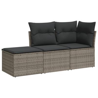 3-delige Loungeset met kussens poly rattan grijs - thumbnail