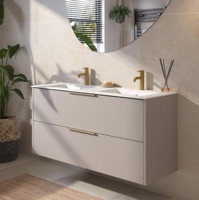 Saqu Lima badmeubel incl. dubbele glans witte keramische wastafel 120x46x61cm mat greige - messing greep Saqu Lima badmeubel incl. dubbele glans witte keramische wastafel 120x46x61cm mat greige - messing greep