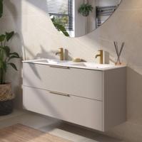 Saqu Lima badmeubel incl. dubbele glans witte keramische wastafel 120x46x61cm mat greige - messing greep - thumbnail