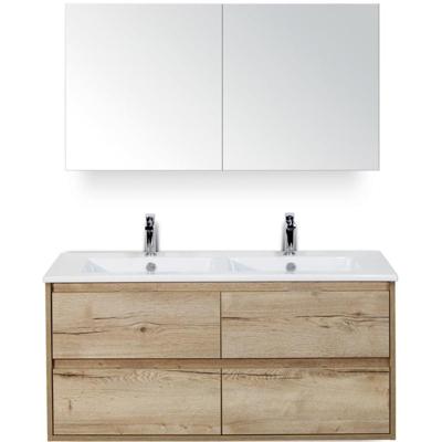 Porto Badmeubelset 120 cm - 4 Laden Natuur Eiken - Keramische Wastafel Wit Slim met Spiegelkast