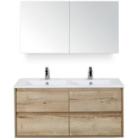 Porto Badmeubelset 120 cm - 4 Laden Natuur Eiken - Keramische Wastafel Wit Slim met Spiegelkast - thumbnail