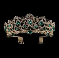Crystal Tiaras Vintage Gold Rhinestone Pageant kroont met kam barokke bruiloft haaraccessoires (goud groen) - thumbnail
