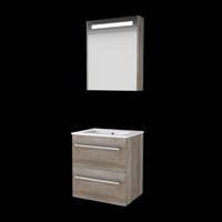 Basic-Line Premium 46 Badkamermeubelset - 60 x 46 cm - Met Grepen - 2 Lades - Keramische Wastafel - 1 Kraangat - Spiegelkast met LED Verlichting - Scotch Oak - thumbnail