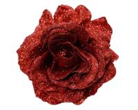 Roos op clip 12 cm kerstrood glitter - thumbnail
