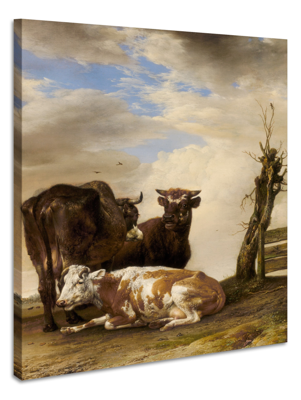 Schilderij - Paulus Potter, , Twee koeien en een jonge stier naast een hek in een weiland, 1647, 60x90cm