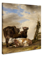 Schilderij - Paulus Potter, , Twee koeien en een jonge stier naast een hek in een weiland, 1647, 60x90cm - thumbnail